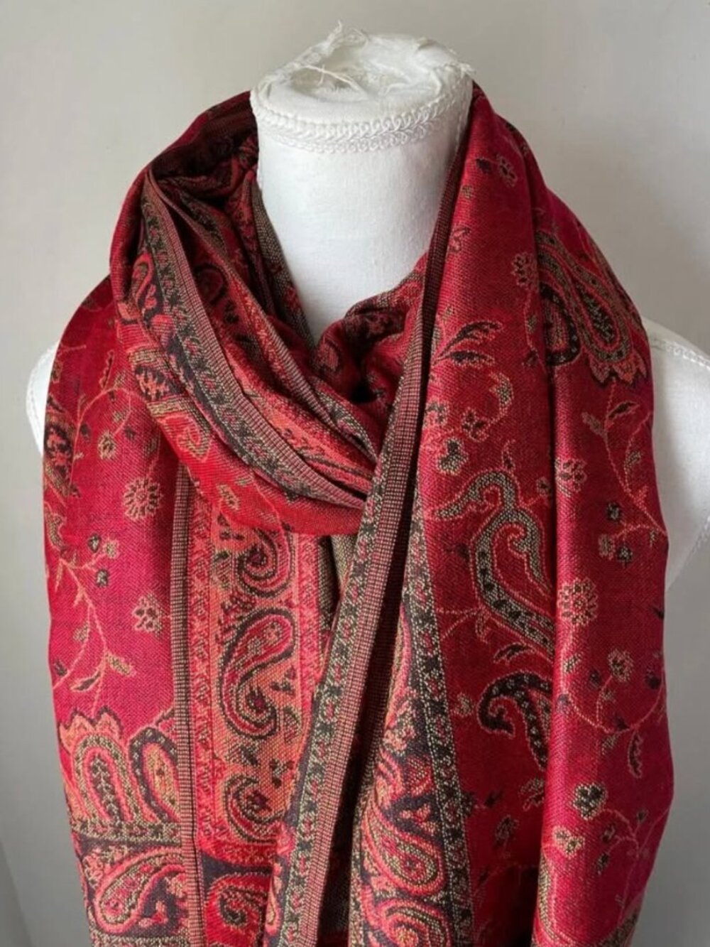 Red Paisley Pashmina Scarf for women , Festival shawl, Gift Rave, Bohemian